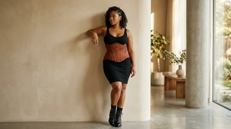 femme en corset et robe noire appuyée contre un mur