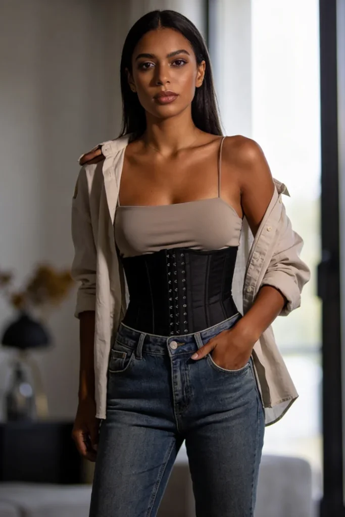 femme habillée avec un jean et un serre taille